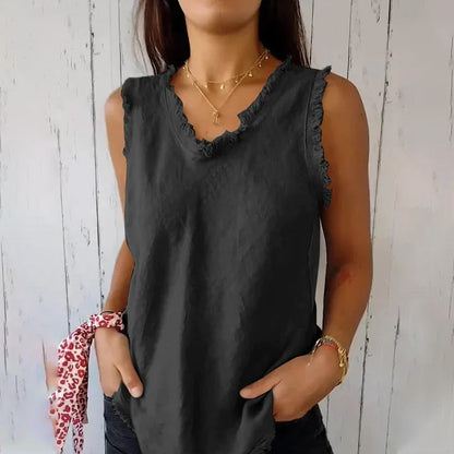 Dames Tank Top Mouwloos met V-hals en Gerafelde Details