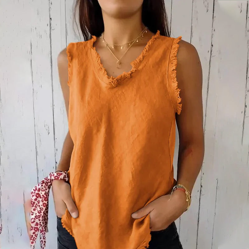 Dames Tank Top Mouwloos met V-hals en Gerafelde Details Oranje