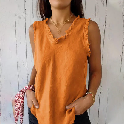 Dames Tank Top Mouwloos met V-hals en Gerafelde Details Oranje