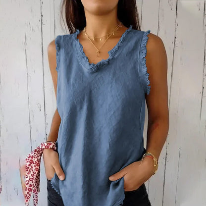 Dames Tank Top Mouwloos met V-hals en Gerafelde Details Blauw