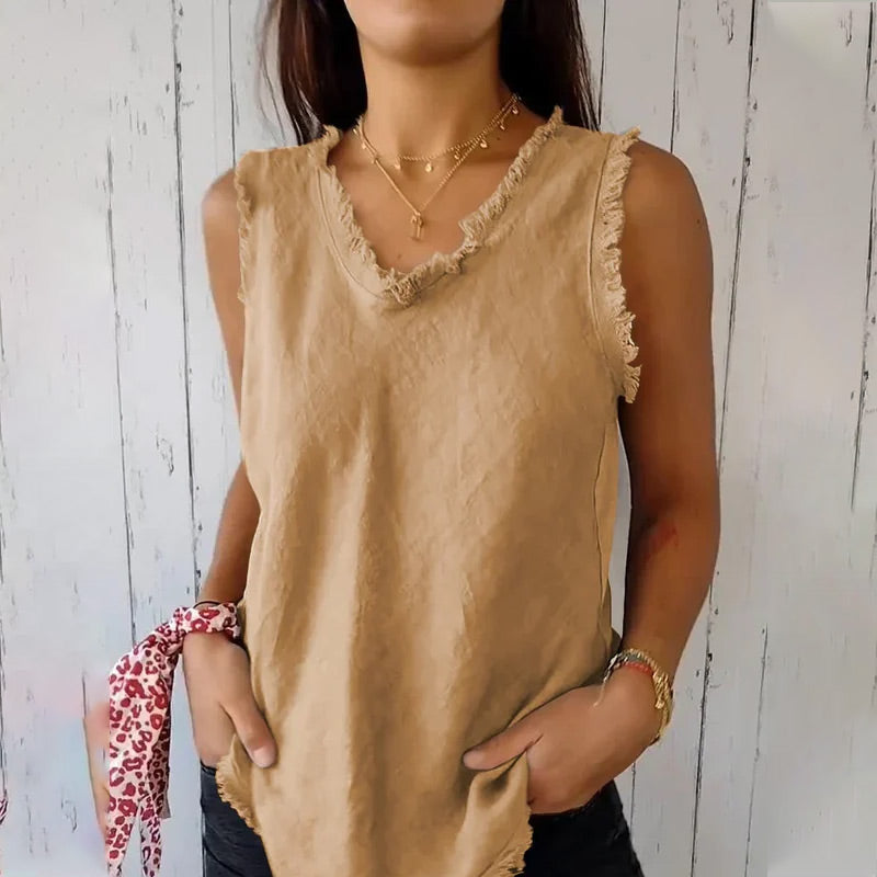 Dames Tank Top Mouwloos met V-hals en Gerafelde Details Geel