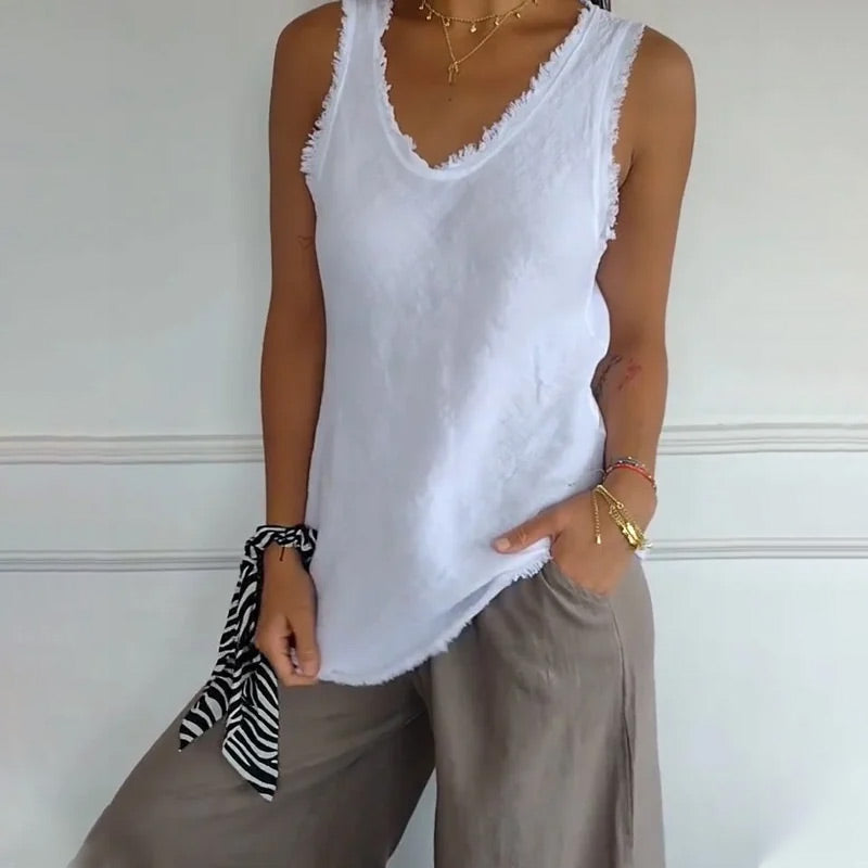 Dames Tank Top Mouwloos met V-hals en Gerafelde Details Wit
