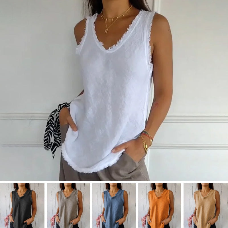 Dames Tank Top Mouwloos met V-hals en Gerafelde Details