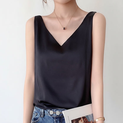 Dames Tank Top Mouwloos met V-hals en Glanzende Afwerking