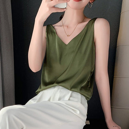 Dames Tank Top Mouwloos met V-hals en Glanzende Afwerking Legergroen