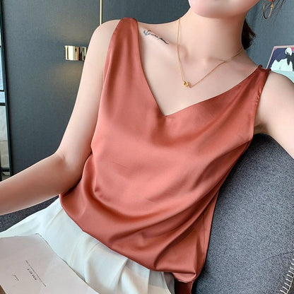 Dames Tank Top Mouwloos met V-hals en Glanzende Afwerking Oranje