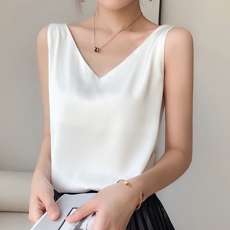 Dames Tank Top Mouwloos met V-hals en Glanzende Afwerking Wit