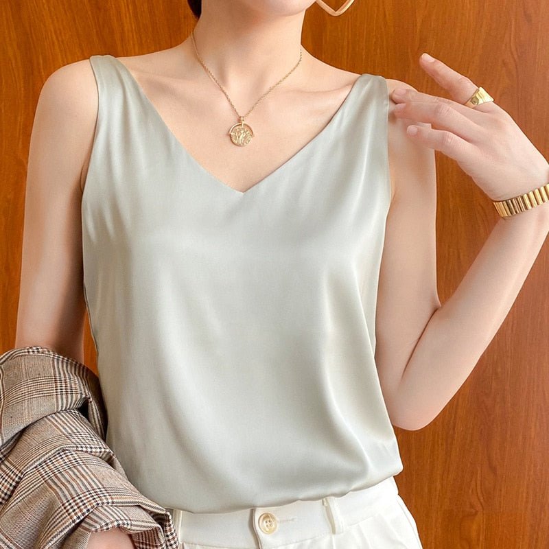 Dames Tank Top Mouwloos met V-hals en Glanzende Afwerking Lichtgroen