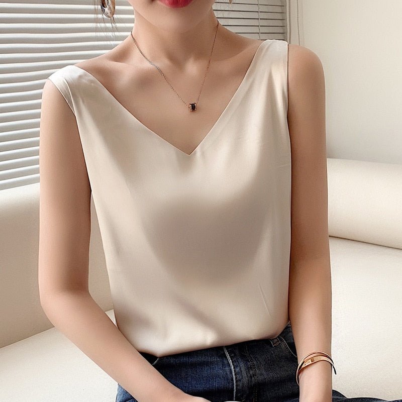 Dames Tank Top Mouwloos met V-hals en Glanzende Afwerking Champagne