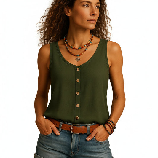 Dames Tank Top Mouwloos met V-hals en Knoopsluiting