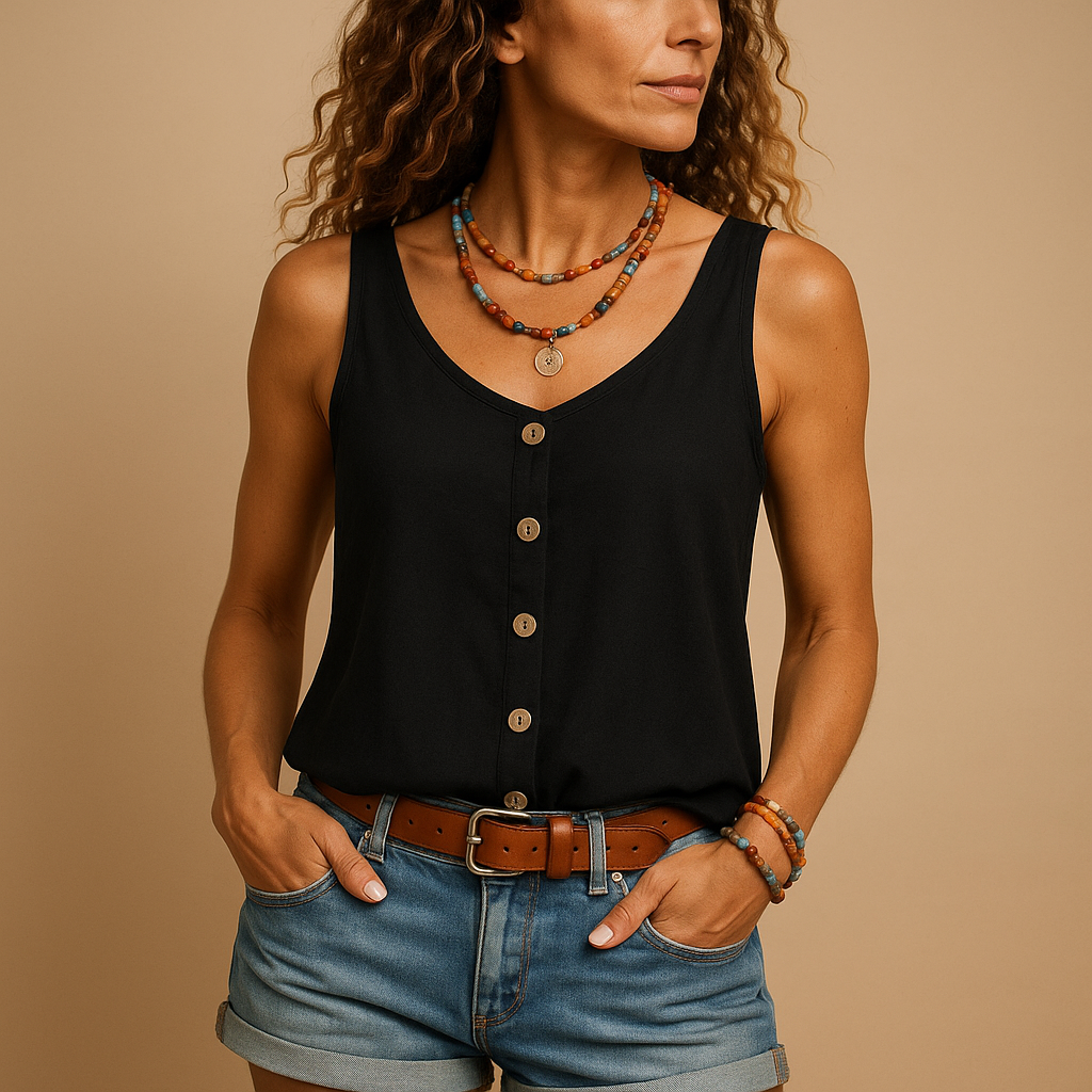 Dames Tank Top Mouwloos met V-hals en Knoopsluiting Zwart