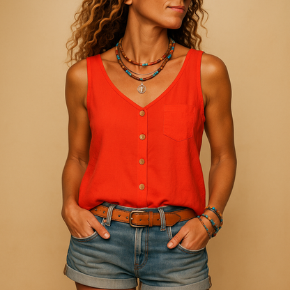 Dames Tank Top Mouwloos met V-hals en Knoopsluiting Oranje