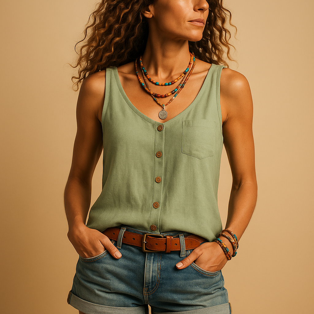 Dames Tank Top Mouwloos met V-hals en Knoopsluiting Lichtgroen