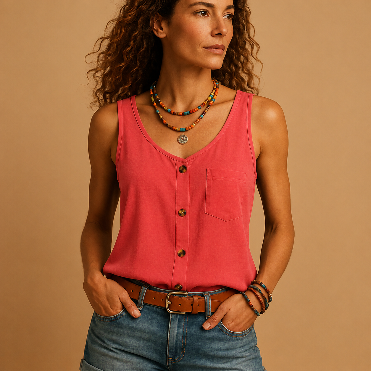 Dames Tank Top Mouwloos met V-hals en Knoopsluiting Oranje