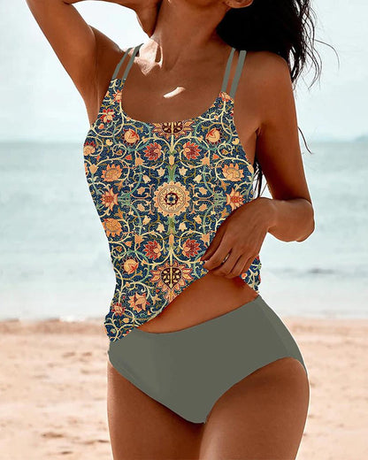 Dames Tankini met Bloemenprint en Dubbele Bandjes Groen