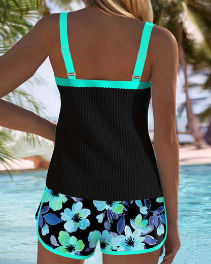Dames Tankini Set met Bloemdprint Shorts en Verstelbare Bandjes