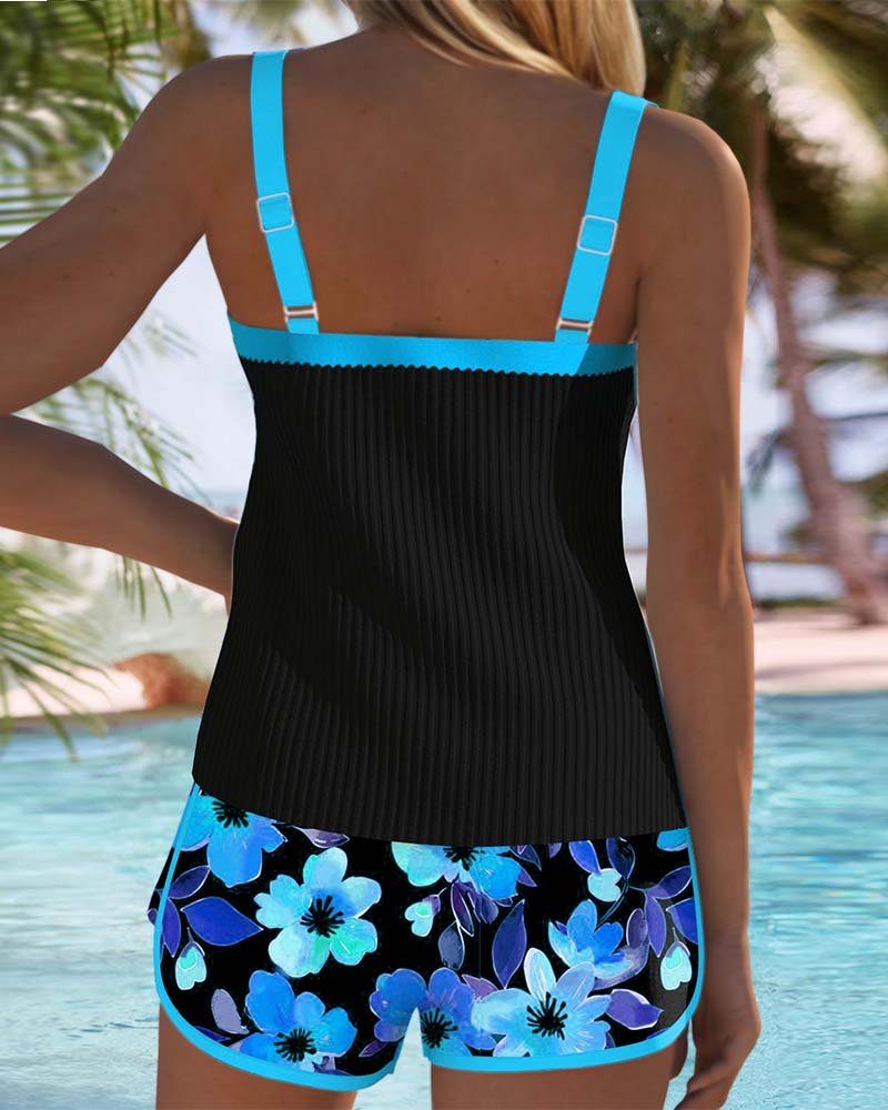 Dames Tankini Set met Bloemdprint Shorts en Verstelbare Bandjes