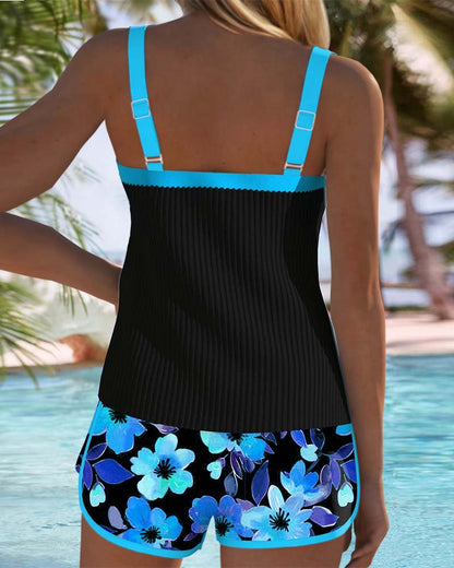 Dames Tankini Set met Bloemdprint Shorts en Verstelbare Bandjes