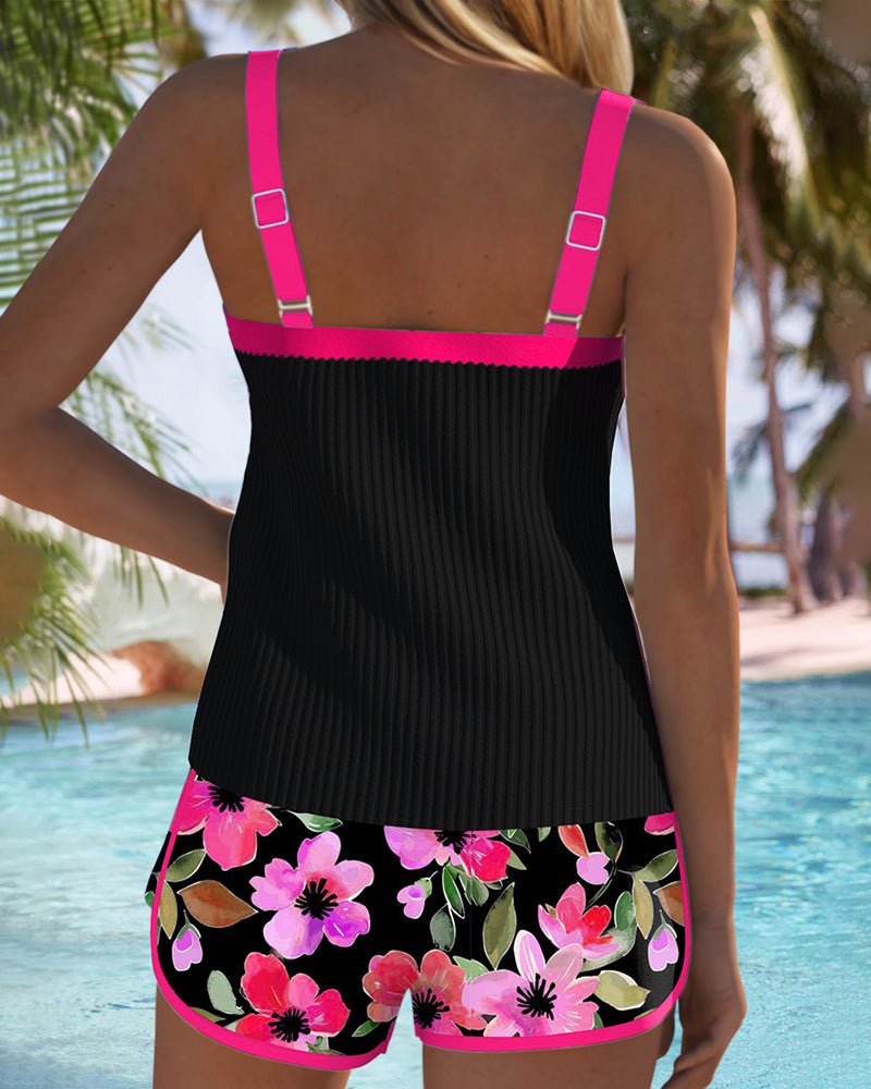 Dames Tankini Set met Bloemdprint Shorts en Verstelbare Bandjes
