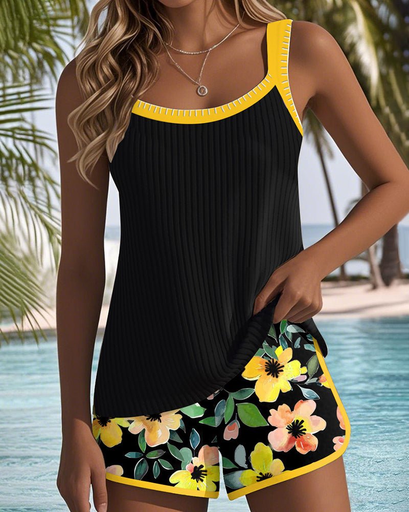 Dames Tankini Set met Bloemdprint Shorts en Verstelbare Bandjes Geel