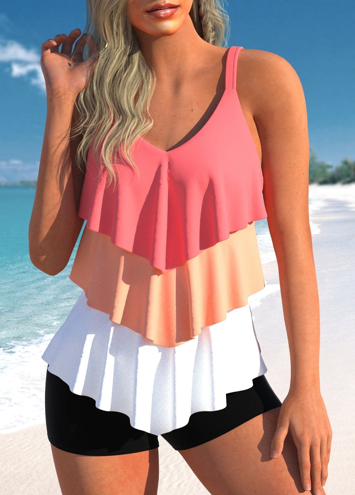 Dames Tankini Set met Hoge Taille en Brede Schouderbanden Roze Oranje