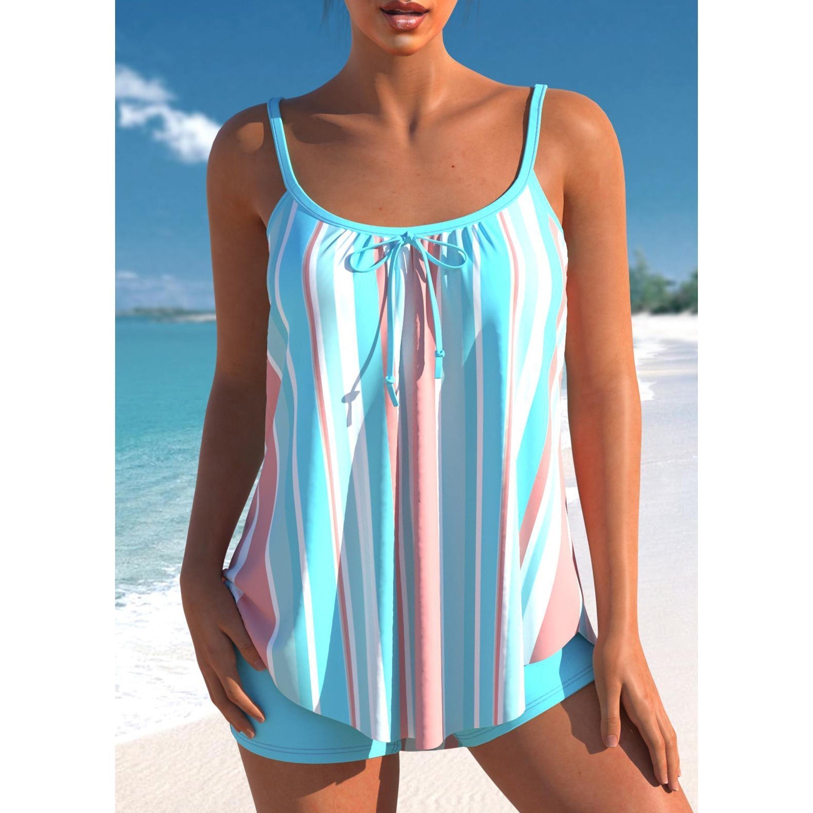 Dames Tankini Set met Hoge Taille en Brede Schouderbanden Blauw