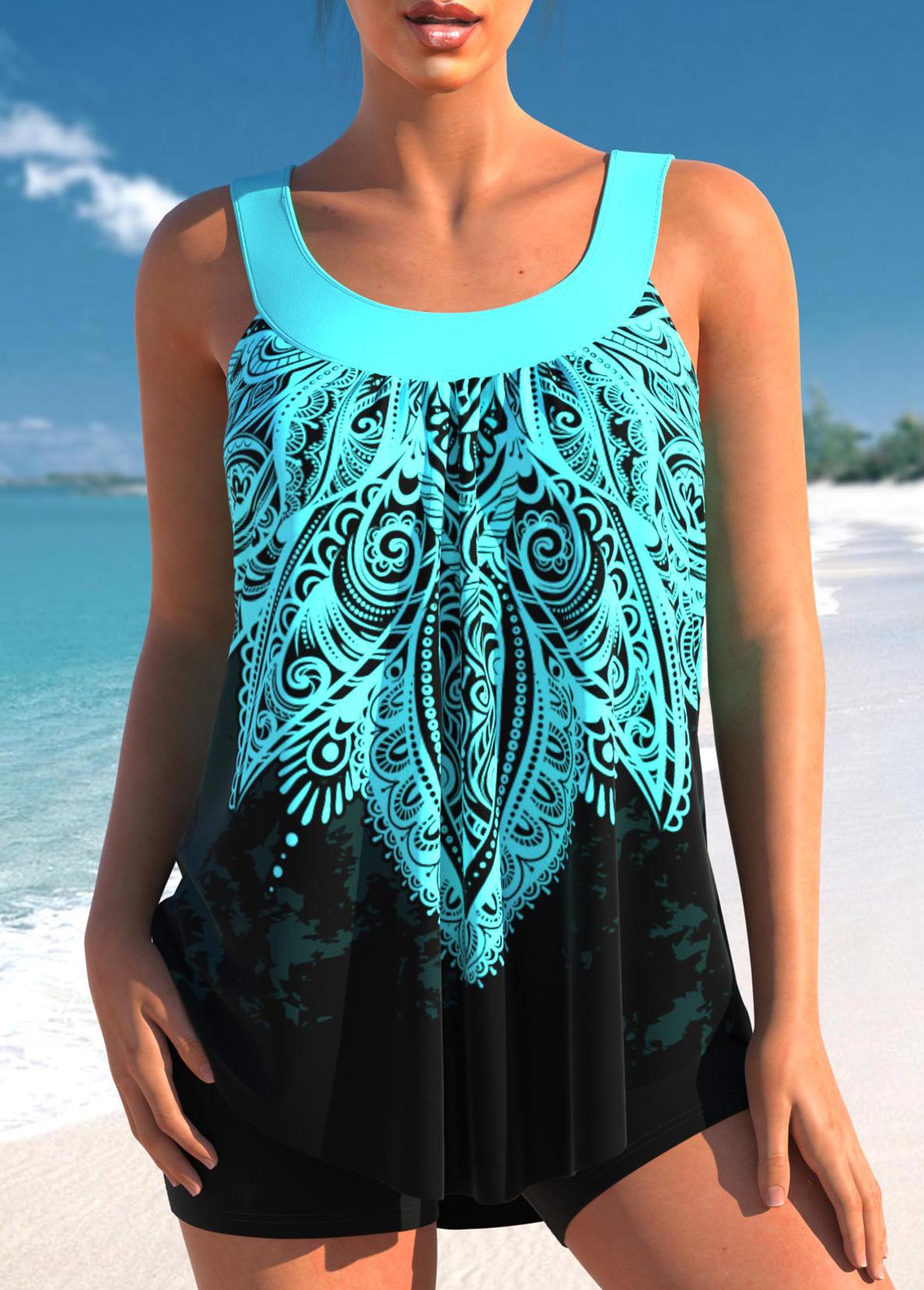 Dames Tankini Set met Hoge Taille en Brede Schouderbanden Zwart Blauw