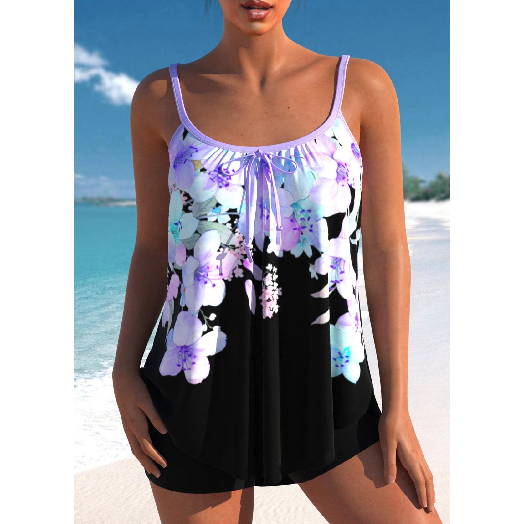 Dames Tankini Set met Hoge Taille en Brede Schouderbanden Zwart Paars