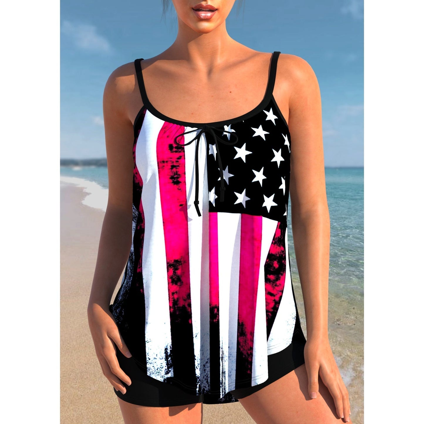 Dames Tankini Set met Hoge Taille en Brede Schouderbanden Zwart Rood