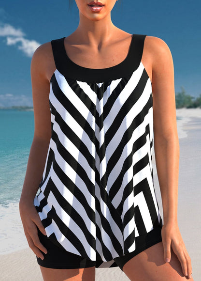 Dames Tankini Set met Hoge Taille en Brede Schouderbanden Zwart Wit