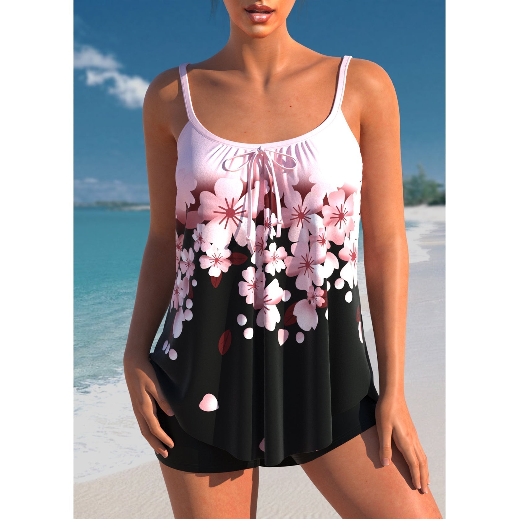 Dames Tankini Set met Hoge Taille en Brede Schouderbanden Zwart Roze