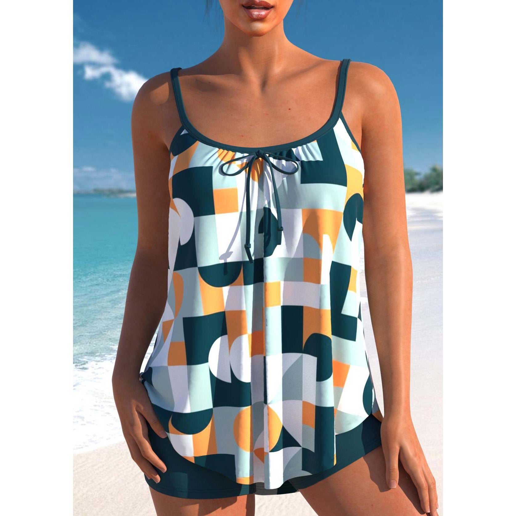 Dames Tankini Set met Hoge Taille en Brede Schouderbanden Groen Wit