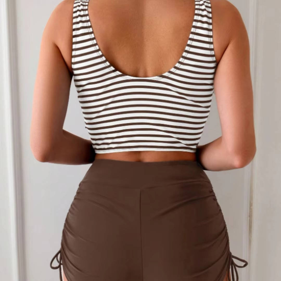Dames Tankini Set met Hoge Taille, Twist Front V-hals en Gestreepte Top