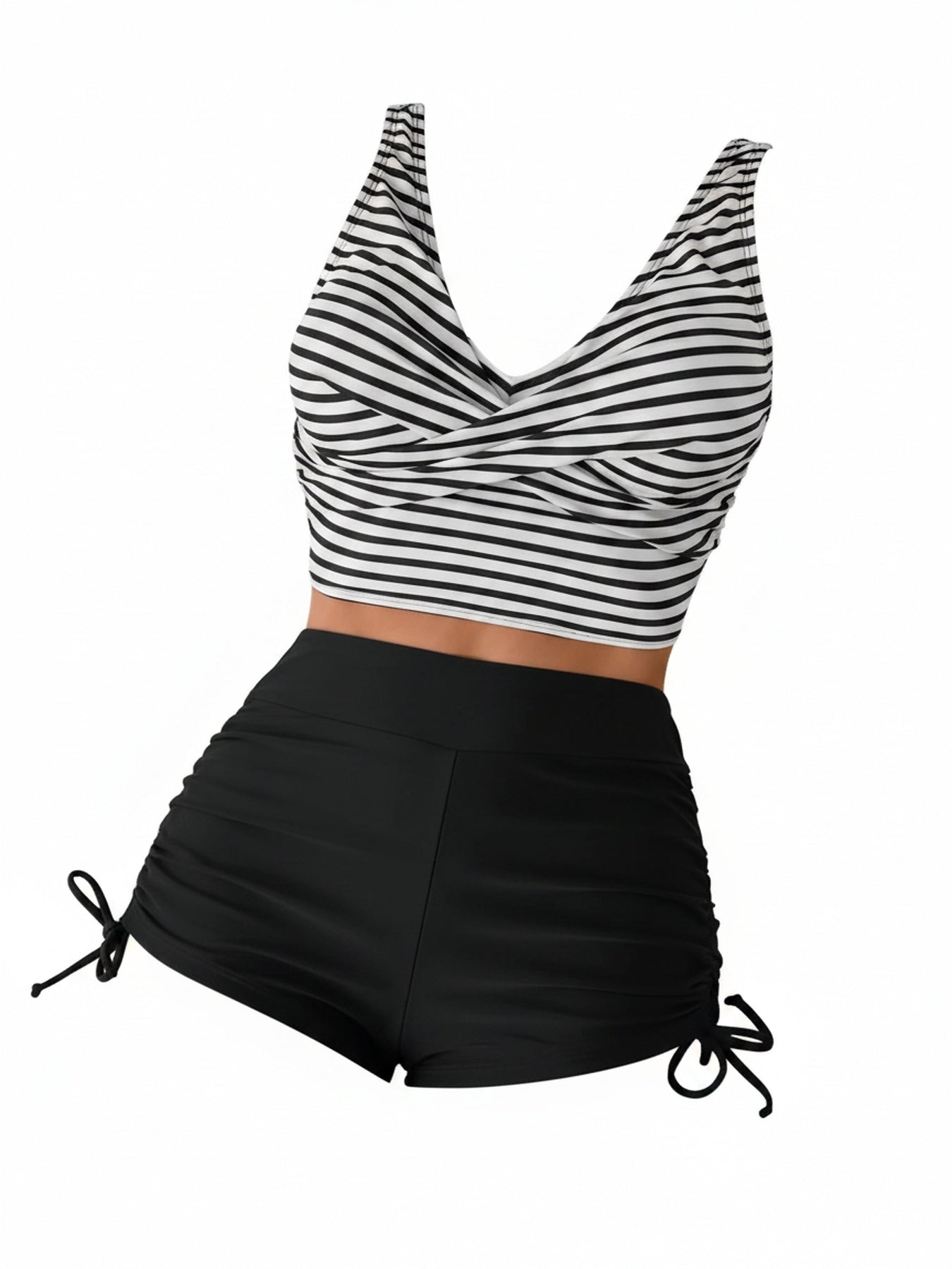 Dames Tankini Set met Hoge Taille, Twist Front V-hals en Gestreepte Top