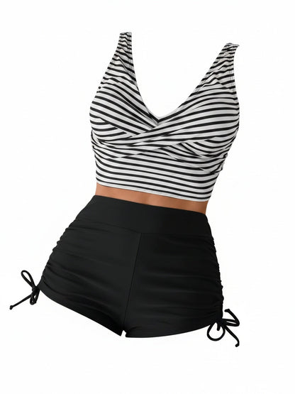 Dames Tankini Set met Hoge Taille, Twist Front V-hals en Gestreepte Top