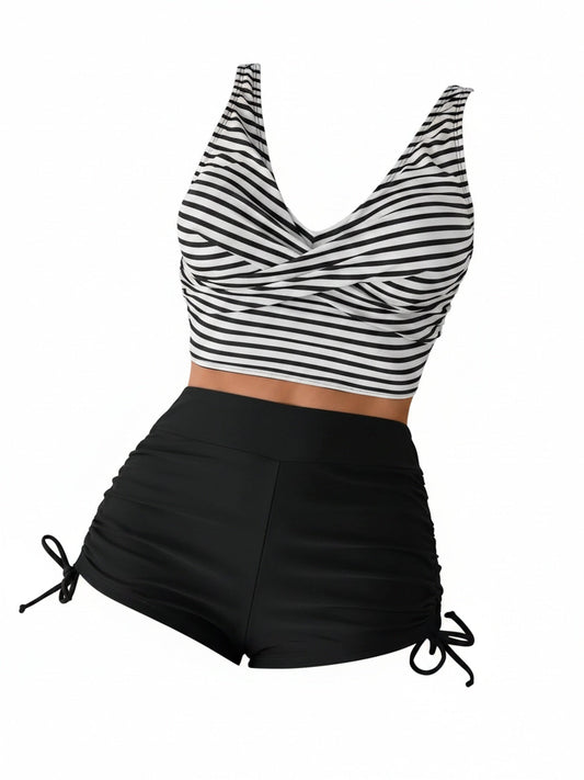 Dames Tankini Set met Hoge Taille, Twist Front V-hals en Gestreepte Top