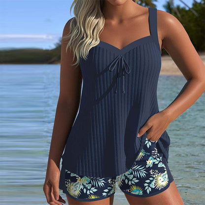 Dames Tankini Set met Tropische Print en Verstelbare Schouderbanden Marineblauw