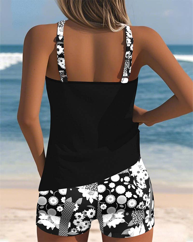 Dames Tankini Set Mouwloos met Bloemenprint en Open Rug