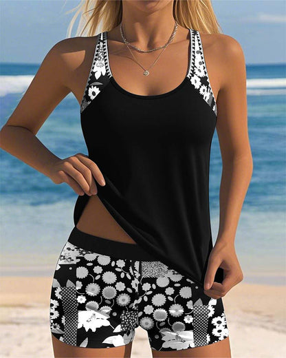 Dames Tankini Set Mouwloos met Bloemenprint en Open Rug Zwart