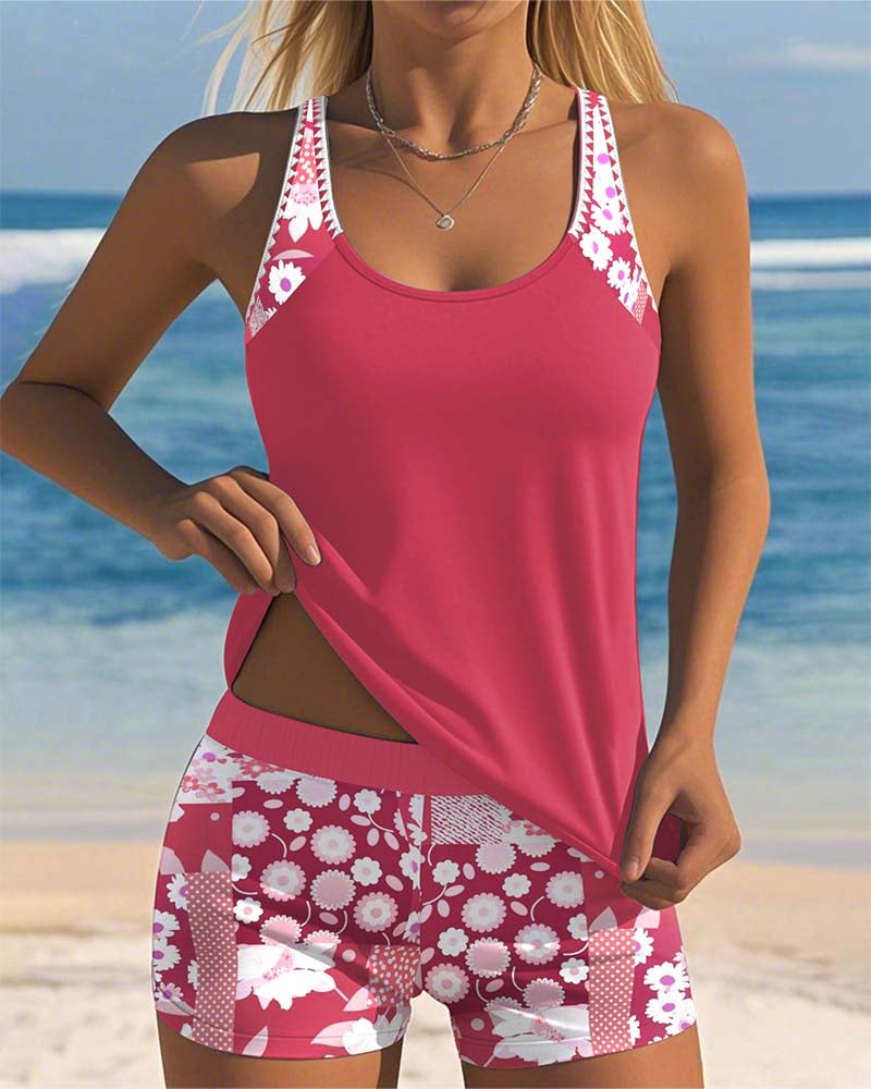 Dames Tankini Set Mouwloos met Bloemenprint en Open Rug Roze