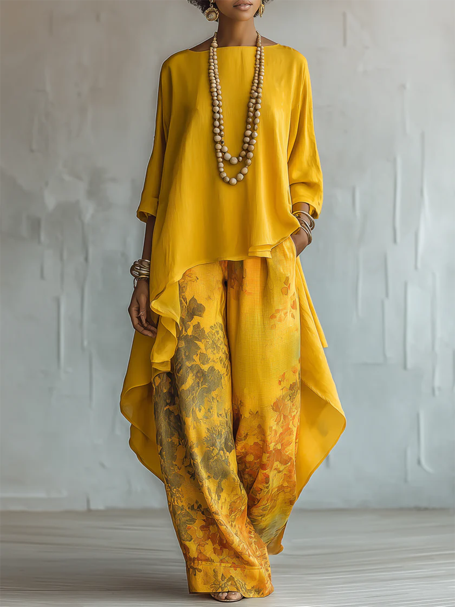 Dames Toesuit met Asymmetrische Oversized Top en Bloemenprint Broek Geel