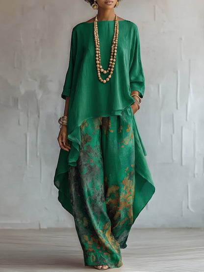 Dames Toesuit met Asymmetrische Oversized Top en Bloemenprint Broek Groen