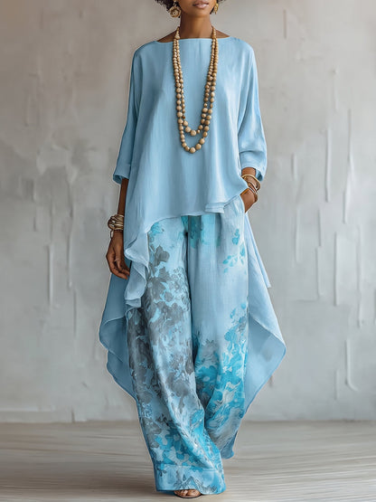 Dames Toesuit met Asymmetrische Oversized Top en Bloemenprint Broek Blauw