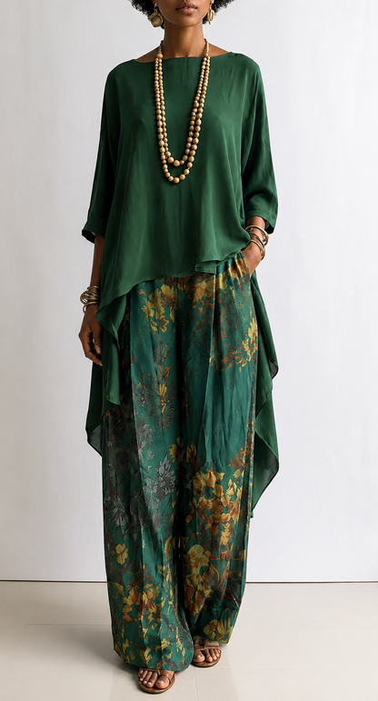 Dames Toesuit met Asymmetrische Oversized Top en Bloemenprint Broek Groen