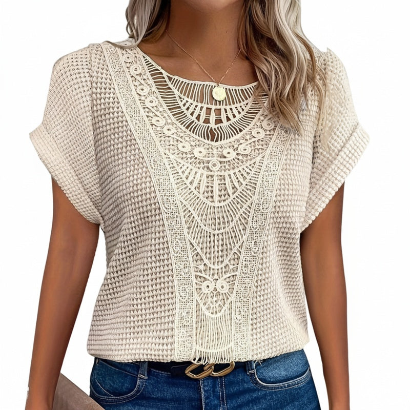 Dames Top Korte Mouw met Haakwerk Detail en Ronde Hals