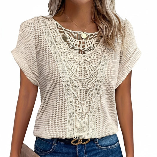 Dames Top Korte Mouw met Haakwerk Detail en Ronde Hals