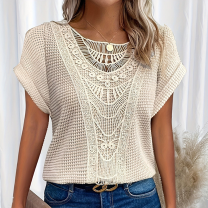 Dames Top Korte Mouw met Haakwerk Detail en Ronde Hals Beige