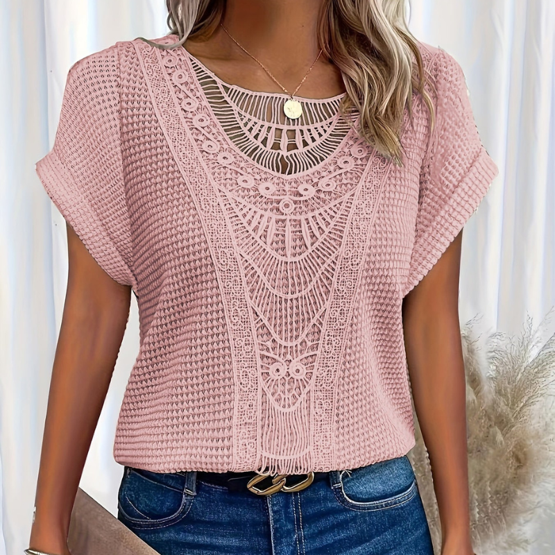 Dames Top Korte Mouw met Haakwerk Detail en Ronde Hals Roze