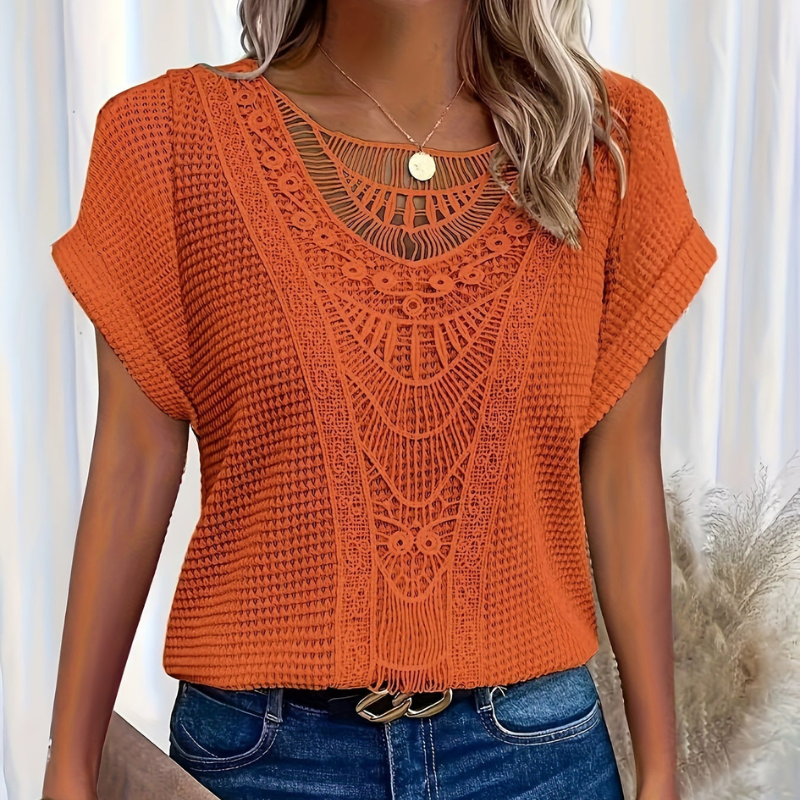 Dames Top Korte Mouw met Haakwerk Detail en Ronde Hals Oranje
