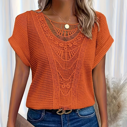 Dames Top Korte Mouw met Haakwerk Detail en Ronde Hals Oranje